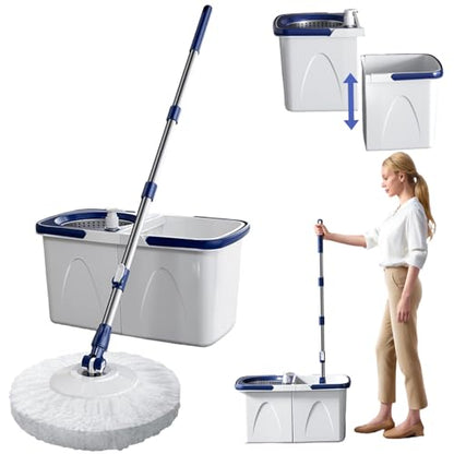 Spin Mop and Bucket Set 43-51 Microfiber 15 Telescopic Round Mop with Wringer, 2 Pads and Detachable Bucket Drain for HomeSpin