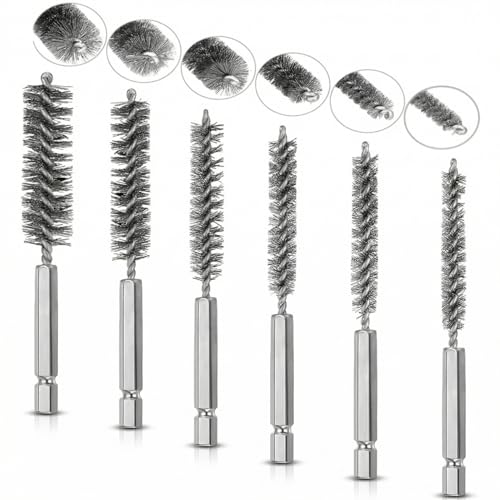 6 PCS Stainless Steel Wire Bore Brush Set, 1/4" Hex Shank Twisted Drill Brushes, 8/10/12/15/17/19mm for Rust Removal & Pipe Tube Cleaning