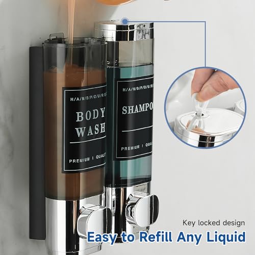 Shower Soap Dispenser 2 Chamber No Drill Wall-Mounted Shampoo Dispenser for Shower Wall Mounted Shower Dispenser for Bathroom Hotel Large Capacity,Chrome1 - color: Chrome 2 Chamber
