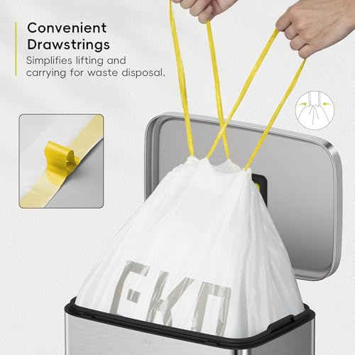 EKO 13 Gallon / 40-60 Liter, 60 Count Drawstring Trash Bags, Extra-Strong Unscented Garbage Bags, Easy-Dispense Roll for Kitchen & Household Use, Leak-Resistant, Code F, White - size: 60 Count (Pack of 1), style: 13 Gallon Bags/Code F