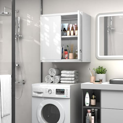 GREATMEET Locking Metal Wall Cabinet, Metal Storage Cabinet with 2 Shelves, Wall Mount Cabinet with Lock, Floating Garage Cabinets with Adjustable Shelf - color: White, size: 27.95"H