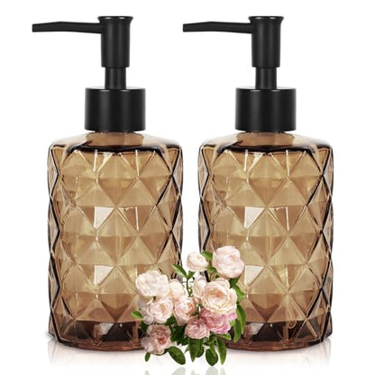 Dark Brown Glass Soap Dispenser with Pump, 12oz Diamond Design Hand Soap Dispenser, Refillable Lotion Dispenser & Dish Dispenser, Bathroom Dispenser for Dishwashing Liquid, Shower Gel - color: Diamond Amber