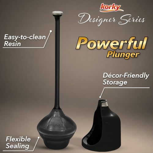 Korky Black Toilet Plunger and Holder – Heavy Duty Compact Design – Fast Clog Removal – Easy to Clean - Made in USA - color: Black