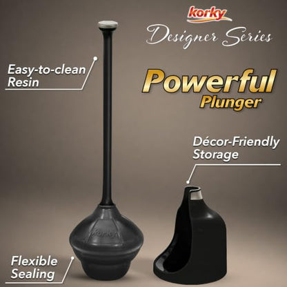 Korky Black Toilet Plunger and Holder – Heavy Duty Compact Design – Fast Clog Removal – Easy to Clean - Made in USA - color: Black