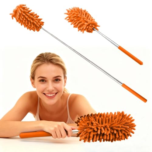 Extendable Microfiber Duster, Telescoping Dusting Brush for Home and Car Cleaning, Adjustable Length, Soft and Flexible - color: Elongated Orange