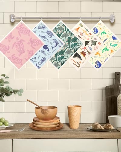Miss Adola Swedish Dishcloths for Kitchen with Hooks - Reusable Dish Cloths for Washing Dishes Fast Drying Cute Fun 5 Pack Swedish Dish Towels Washable Cleaning Sponge, Deep Sea Fish - color: Deep Sea Fish