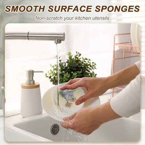 uxcell 6Pcs Cellulose Sponges, Round Kitchen Clean Sponges Non-Scratch Compressed Dish Scrubber with Floral Pattern for Kitchen Household Cookware Bathroom Cleaning & DIY, Light Blue - color: Light Blue