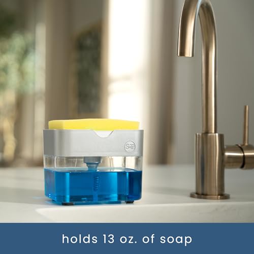 S&T INC. Dish Soap Dispenser and Sponge Holder for Kitchen Sink with Enhanced Features, Sponge Included, 13 Ounces, Silver - color: Silver