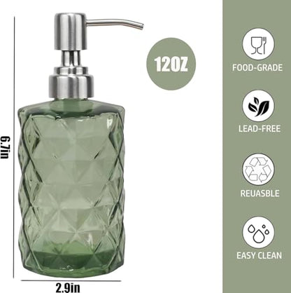 12Oz Green Soap Dispenser Bathroom - 2 Pack, Clear Glass Hand Soap Dispensers with Stainless Steel Pump, Refillable Dish Soap Dispenser for Kitchen, Countertop Soap Dispensers - color: Diamond Green（2-pack）
