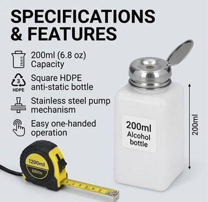 ESD Solvent Dispenser Bottle, Anti Static Press Pump Dispensing for Lab Workbench HDPE Stainless Steel White 200ml 1 Pack