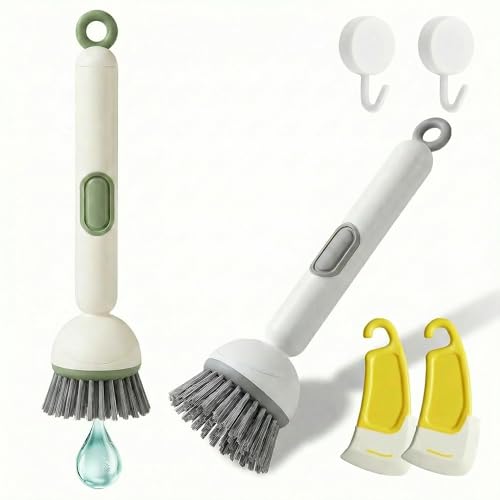 Soap Dispensing Dish Brush Set with 6 Adjustable Angles, No-Leak Kitchen Scrub Brush with Holder & Silicone Scraper, Heavy Duty Dish Wand for Pots, Pans, Sink & Countertop