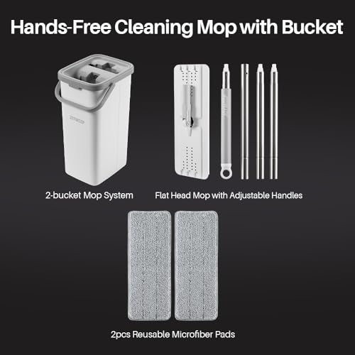 JOYMOOP Mop and Bucket Set, Dust Mops for Floor Cleaning, Wall Mop with 2 Microfiber Mop Head Replacement - size: Bucket #22 - 50" Mop + 2 Grey Mop Pads