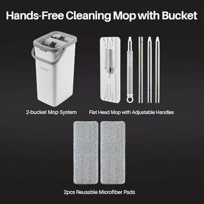 JOYMOOP Mop and Bucket Set, Dust Mops for Floor Cleaning, Wall Mop with 2 Microfiber Mop Head Replacement - size: Bucket #22 - 50" Mop + 2 Grey Mop Pads