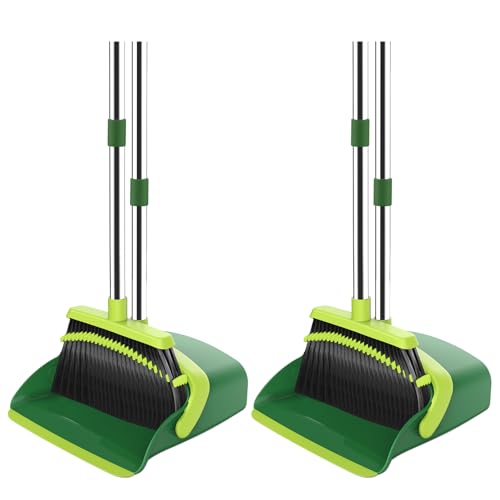 Broom and Dustpan Set, 52-in Long Adjustable Handle Broom Dustpan Combo with Dust pan Teeth to Automatically Clean Hair Suitable for Home Kitchen Office Hall Floor (Green), 2 Pack - color: Green, size: 2 Pack