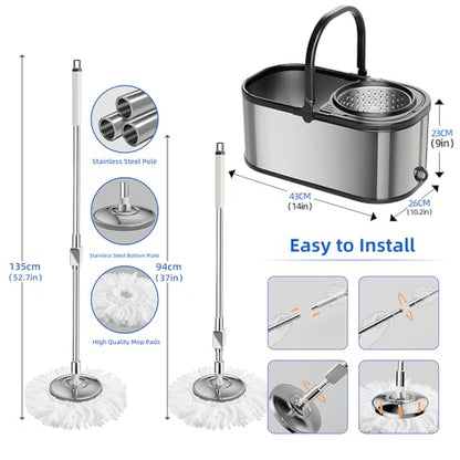 Spin Mop and Bucket with Wringer Set for Home,360° Mop and Bucket with Separate Clean and Dirty Water,Wet Dust Mop for Floor Cleaning with Extra Refills (Silver) - color: Silver-1