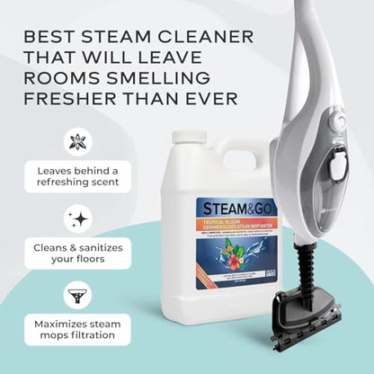 Steam & Go - The Housekeeper Steam Cleaner For Floors & Demineralized Water Bundle, 10-in-1 Hard Floor Cleaner Machine & Grout Steam Cleaner with Floor Cleaning Solution, 32 oz, Tropical Bloom Scent