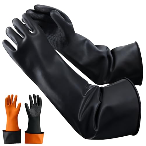 22"Black Anti-Slip Chemical Resistant Rubber Gloves, Long Heavy Duty Glove, Industrial Safety Work Protective Gloves for Men, Forearm Protection Waterproof Resist Strong Acid, Alkali, Oil, XL Size