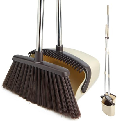Broom and Dustpan Set with Long Handle, Heavy Dust Broom and Dustpan Combo for Home，Kitchen, Office, Pet Hair(Beige) - color: Beige 1-pack