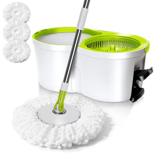 Spin Mop Bucket System,Masthome 360°Spin Mop and Bucket with Wringer Set,EasyWring Microfiber Mop with 3 Mop Pads,Spinning Floor Cleaning System for Floor Cleaning - Home & Office Suitable - color: White