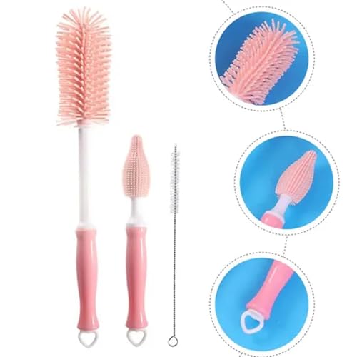 Three-Piece Cleaning Brush Set – Premium Straight Handle Silicone Bottle Cleaning Brush Kit for Cups, Bottles & Travel，Pink - color: Pink