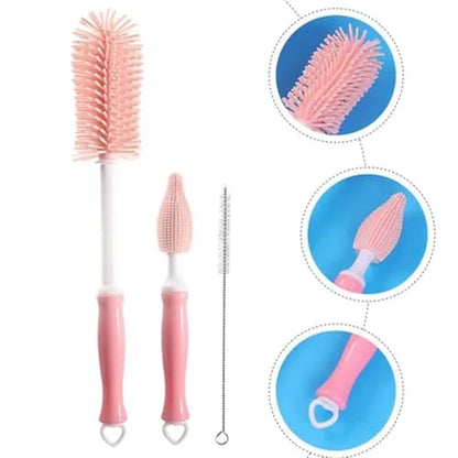 Three-Piece Cleaning Brush Set – Premium Straight Handle Silicone Bottle Cleaning Brush Kit for Cups, Bottles & Travel，Pink - color: Pink