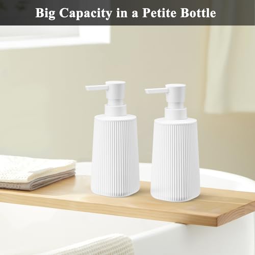 White 2 Pack Hand Soap Dispensers Set with No Rust Pump for Bathroom and Kitchen Countertops Refillable Matte Striped Plastic 8.5 oz - color: White Set of 2