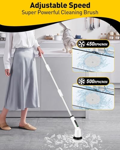 Electric Spin Scrubber,Cordless Shower Cleaning Brush IPX7 Waterproof with 3 Replaceable Brush Heads, Adjustable Extension Handle and Power Dual Speed,Power Scrubber for Bathroom Tub Tile Floor Car 5