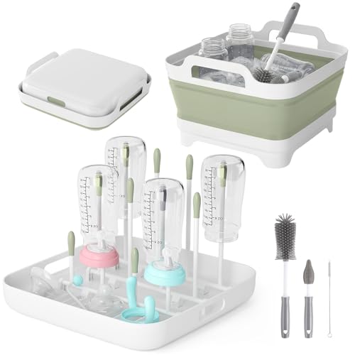 Volnamal Collapsible Wash Basin for Baby Bottles - Portable 2.4 Gallon Dish Basin with Drying Rack & Lid, Foldable RV Sink Tub for Camping, Sturdy Wash Tub for Kitchen, Camping, Outdoor Use (Green) - color: Green