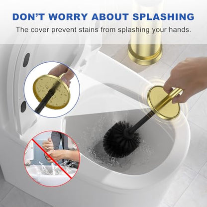 304 Stainless Steel Toilet Brush and Holder Set, Toilet Bowl Brush and Holder, Heavy Duty with Long Handle, Removable Inner Bowl and Splash Protection for Bathroom - color: Brushed Gold