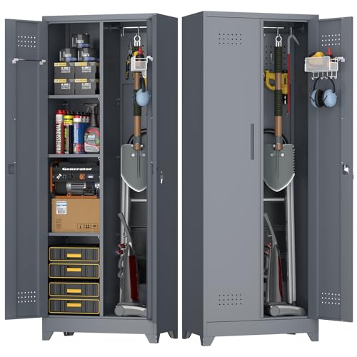 Broom Closet Storage Cabinet, Steel Locking Cabinet with Hanging Rod, 65" Cleaning Storage with Doors and Hooks, Tall Broom Tool Cabinets for Office, Garage - color: 65"h-broom Cabinet / Grey