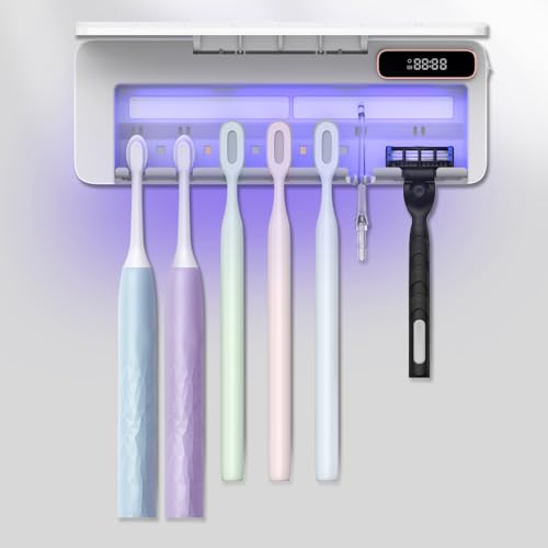 UV Toothbrush Cleaner Holder, Temracha Toothbrush Holders for Bathrooms, 5+1+1 Slots Tooth Brush Shaver Cleaner and Holder, Rechargeable Cordless Wall Mounted with Heating Functions, No Drilling - color: White (Es905)