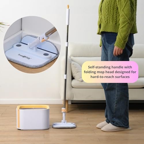 Mop and Bucket System PRO with Removable Water Tank Duo Bucket & Spin Mop System, Self Wringing, Separates Clean from Dirty Water, Folding Mop Head, Dual Brush System, 4-pc Machine Washable Mop Pads - size: Mop & Bucket, 4 Mop Pads
