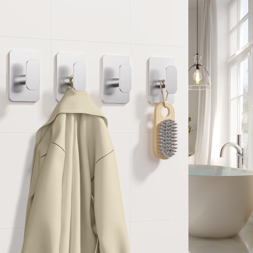 Large Heavy Duty Wall Hooks - 26lb Max, Stainless Steel Adhesive Towel Hooks for Hanging Towel, Coat, Robe, Hat, Sticky Towel Holder for Wall Mount in Bathroom, Shower, Kitchen(Silver, 4 Pack) - color: Silver