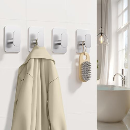 Large Heavy Duty Wall Hooks - 26lb Max, Stainless Steel Adhesive Towel Hooks for Hanging Towel, Coat, Robe, Hat, Sticky Towel Holder for Wall Mount in Bathroom, Shower, Kitchen(Silver, 4 Pack) - color: Silver