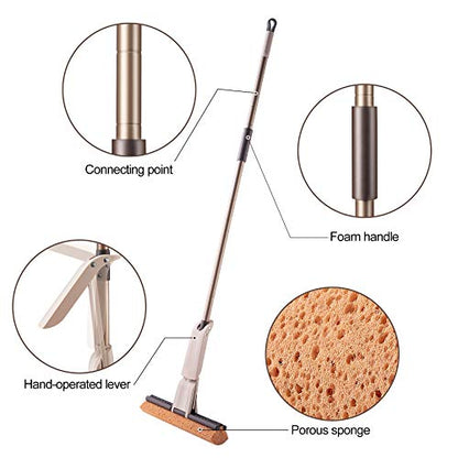 Eyliden Sponge Mop with 2 Reusable Heads, Self-Wringing Floor Absorbent Mop | 13" Honeycomb Sponge, Quick Wring, Home Commercial Use, Kitchen Bathroom Hardwood Laminate Tile Marble Floors Cleaning