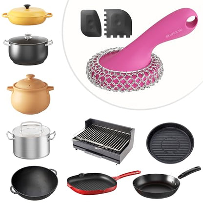 SUBEKYU Cast Iron Scrubber with Silicone Handle, Stainless Steel Skillet Cleaner for Cast Iron Pans (Pink Scrubber + Scraper) - color: Pink Scrubber + Scraper