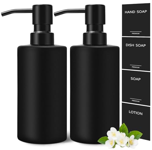 GMISUN Black Soap Dispenser, Hand Soap Dispenser Bathroom, Hand and Dish Dispenser Set for Kitchen, 12 fl oz/350ml Glass Liquid Soap and Lotion Dispensers with Stainless Steel Pump, 2 Pack Refillable - color: Black Bottle + Black Pump, size: 2 Pack - 12oz