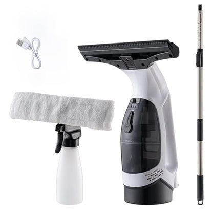 Cordless Window Vacuum Cleaner, Handheld Glass Cleaning Vacuum with 150ml Tank Telescopic Pole Spray Bottle Microfiber Squeegee Adjustable Nozzle for Windows Mirrors Tiles Shower Cleaning