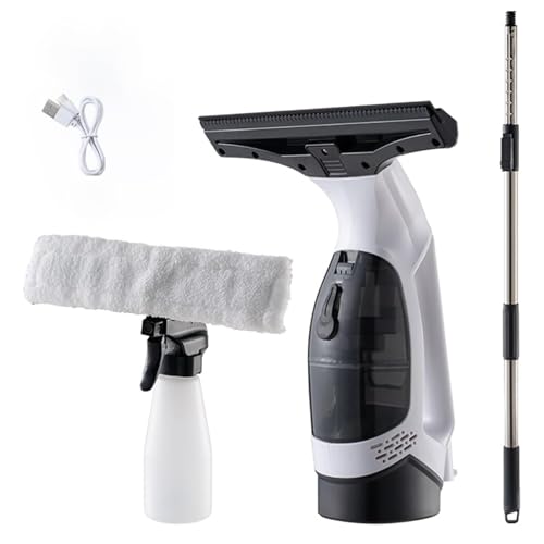 Cordless Window Vacuum Cleaner, Handheld Glass Cleaning Vacuum with 150ml Tank Telescopic Pole Spray Bottle Microfiber Squeegee Adjustable Nozzle for Windows Mirrors Tiles Shower Cleaning