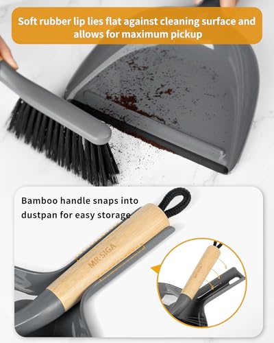 MR.SIGA Dustpan and Brush Set, Portable Cleaning Brush and Dustpan Combo with Bamboo Handle, Gray, 1 Set - color: Gray