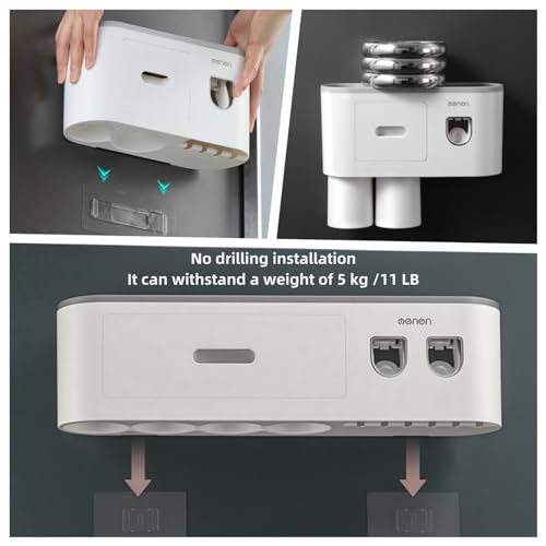 No-Drill Wall Mounted Toothbrush Holder, Bathroom Shelf, with Automatic Toothpaste Dispensers 4 Brush Hooks 2 Magnetic Cups 1 Cosmetic Drawer Organizer and Large Storage (1 Dispenser 2 Cups)