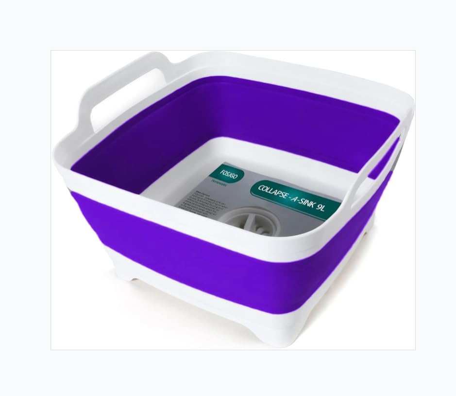 FOSJGO Collapsible Dish Basin with Drain Plug, 2.4 Gal (9L) Space-Saving Foldable Sink, Wash Basin for Kitchen, Baby Bottles, Vegetable Washing, Camping, RV and Party Beverage Tubs (Purple) - color: Purple