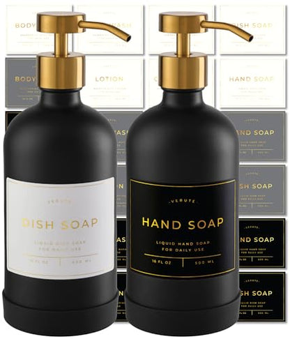Hand and Dish Soap Dispenser for Kitchen and Bathroom, Set of 2 16 Oz Glass Bottles, Stainless Steel Pumps, Non-Slip Silicone Base, 27 Waterproof Labels (Matte Black Bottle/Brushed Gold Pump) - color: Matte Black Bottle / Brushed Gold Pump