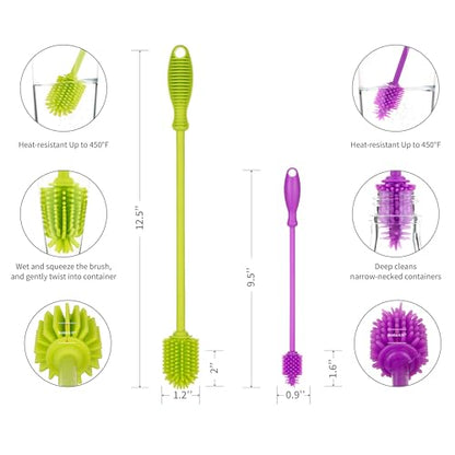 A-Brush Silicone Bottle Cleaner Brush, 2 Piece Set, Flexible, Long Handle - Water Bottle Cleaner, Baby Bottle Nipple Brush for Plastic & Glass, BPA-Free Dish Washing Brush A2S Protection - color: Green - Purple 2pk