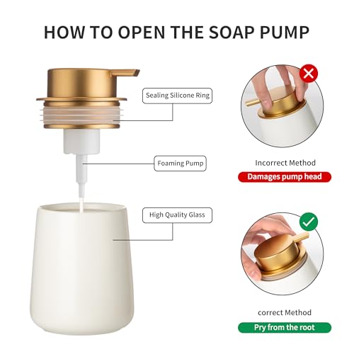 Enra Foaming Soap Dispenser,12 oz Beige Ceramic Modern Foam Hand Soap Dispenser for Bathroom,Kitchen with Easy-to-Press Pump (White Foam Gold Pump) - color: Foam-white-gold Pump