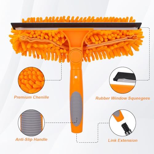 Window Squeegee Cleaner Tool with Extension Pole: 2-in-1 Window Cleaning Kit - 86.6 Inch Telescopic Long Window Cleaning Tool for High Windows Glass with 2 Microfiber Cloth & Squeegee Blade - color: Orange