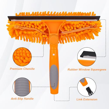 Window Squeegee Cleaner Tool with Extension Pole: 2-in-1 Window Cleaning Kit - 86.6 Inch Telescopic Long Window Cleaning Tool for High Windows Glass with 2 Microfiber Cloth & Squeegee Blade - color: Orange