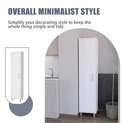 Tall Storage Cabinet with Single Door and 3 Broom Hangers Modern Floor Standing Cabinet for Kitchen Bathroom Laundry Room 70.87" Height White