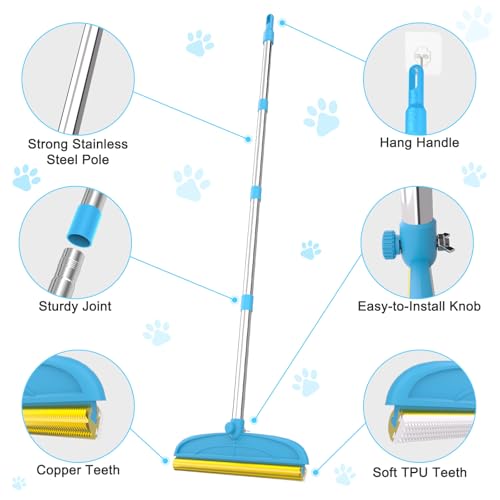 Carpet Rake for Dog Hair Remover: 2 in 1 Reusable Pet Hair Remover – 60‘’ Adjustable Long Handle Carpet Removal Tool for Dog Cat Human Hair – Carpet Scrape Cleaning for Rug Couch Bed