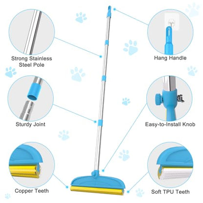 Carpet Rake for Dog Hair Remover: 2 in 1 Reusable Pet Hair Remover – 60‘’ Adjustable Long Handle Carpet Removal Tool for Dog Cat Human Hair – Carpet Scrape Cleaning for Rug Couch Bed